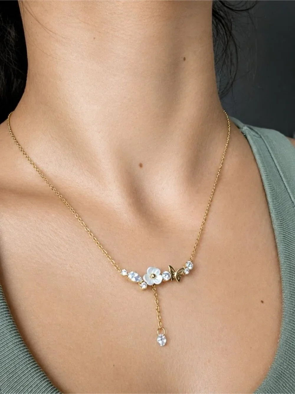 Gold Flower and Butterfly Lariat Necklace with White Enamel